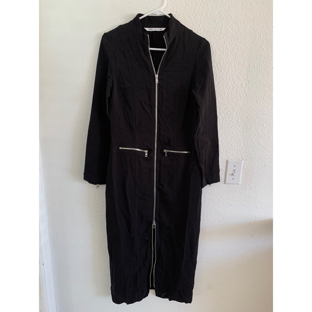Zara Black Full Zip Front Midi Dress Mock Neck Long Sleeve Moto Utility Large‎